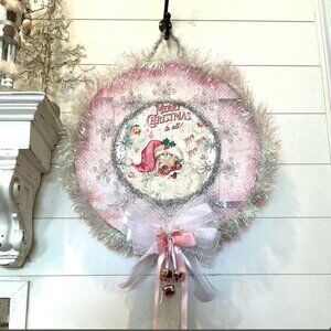 Retro MCM Inspired Wreath- Featuring Smiling 50s Kitsch Pink Santa